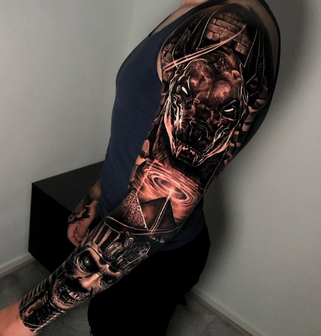 Ferocious canine head in black-gray realism with pyramids