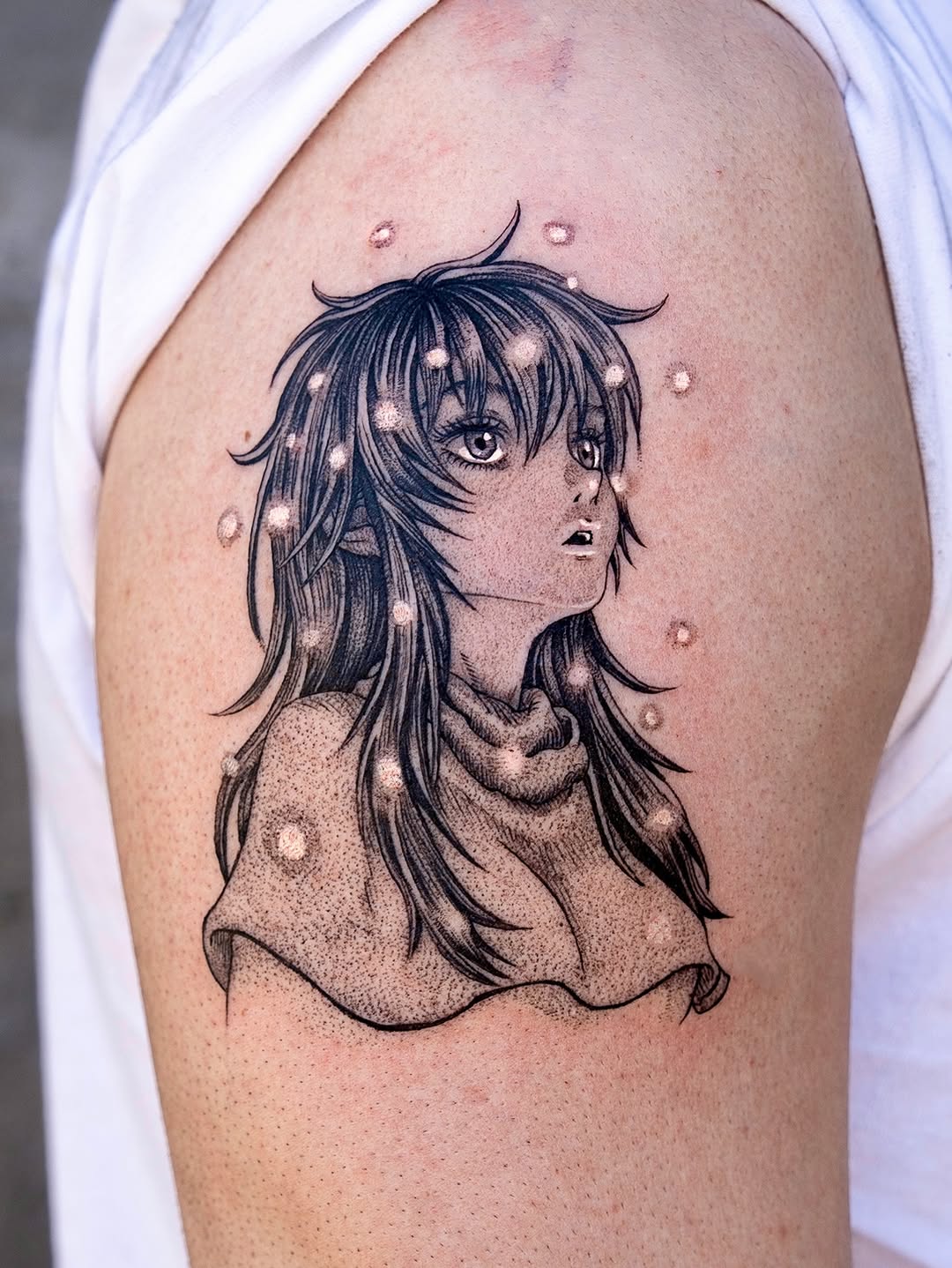 Casca-inspired manga girl portrait with delicate dotwork shading.