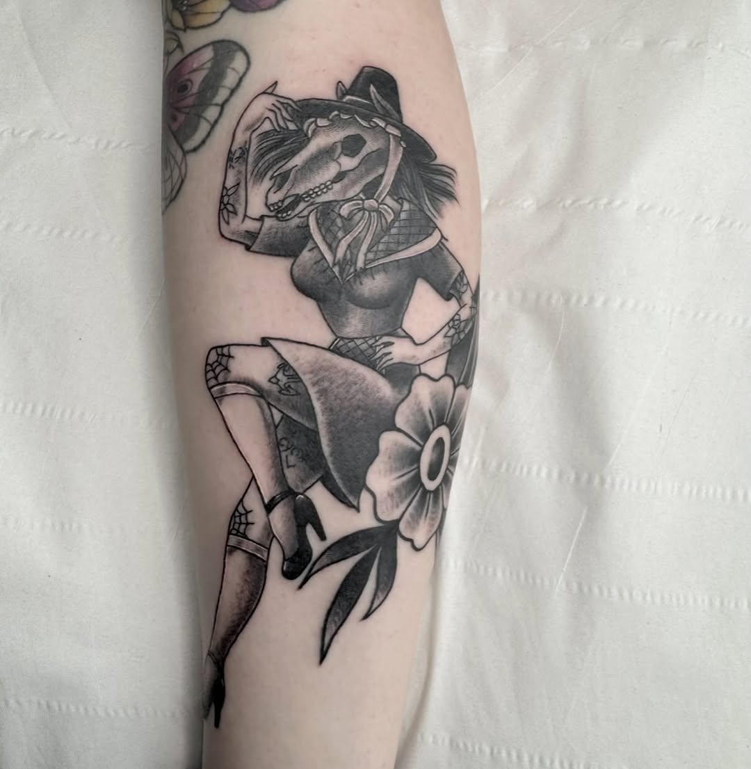 Anthropomorphic mare pin-up with bold black-and-gray shading.