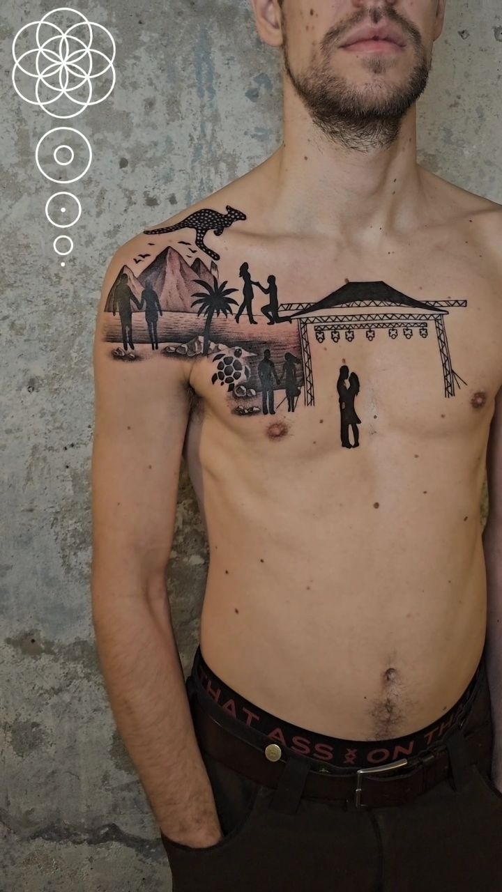 Narrative chest piece tracing life moments in silhouette