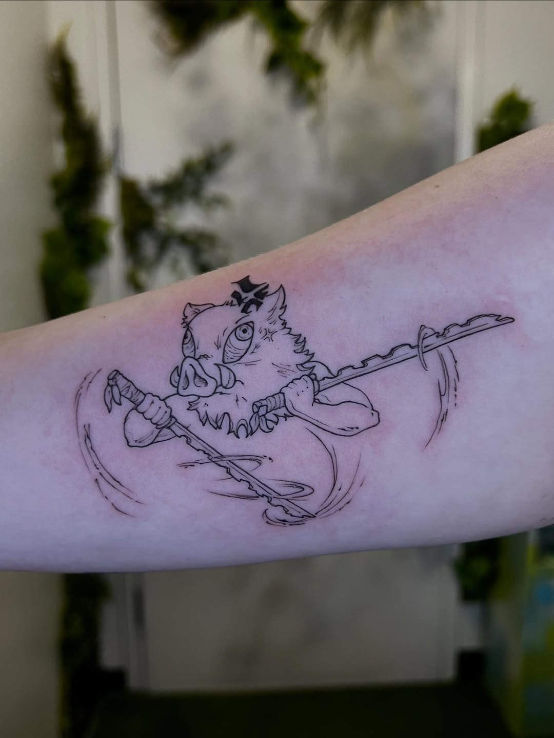 Cartoon boar warrior with jagged spear in bold linework