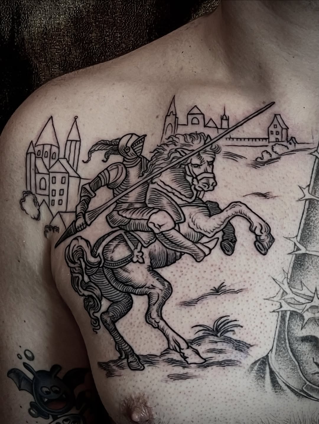 Bold woodcut-style knight on rearing horse with lance