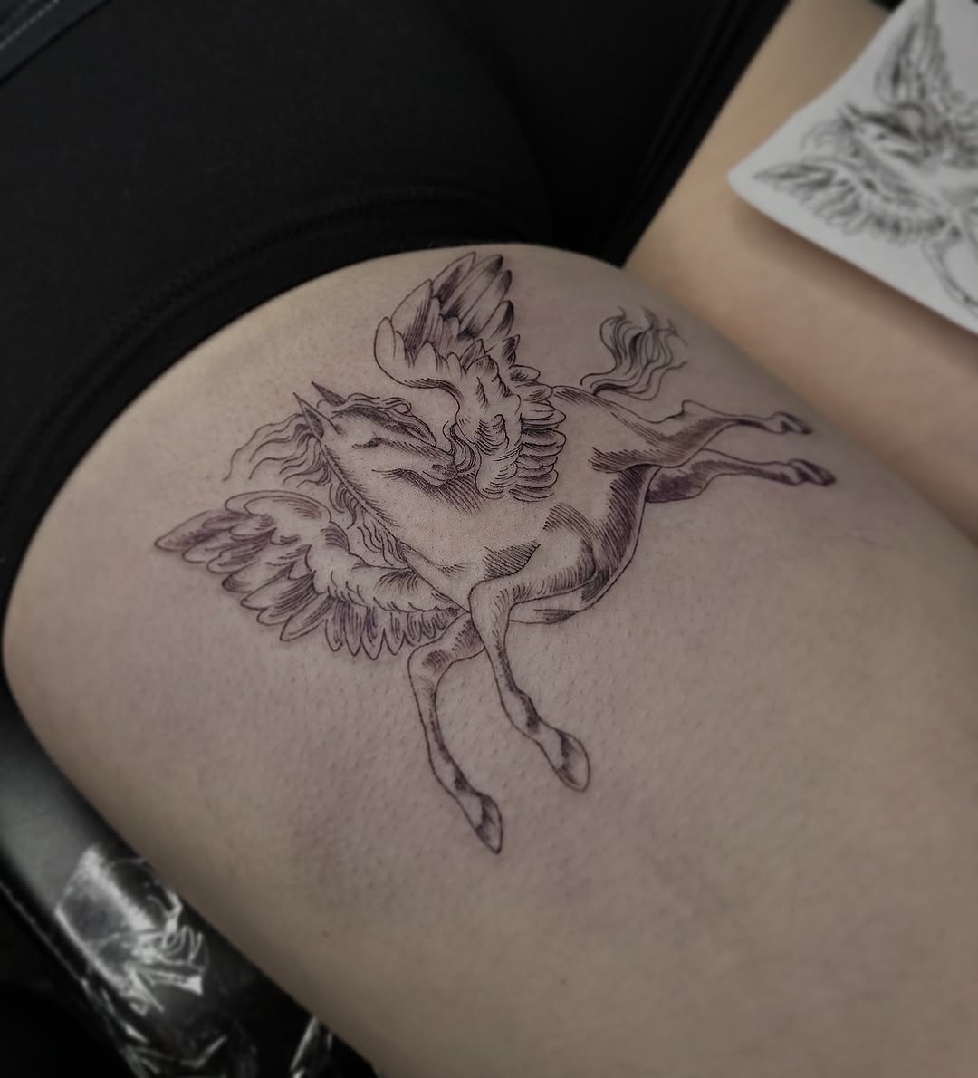 Delicate linework Pegasus in mid-flight, whimsical myth.