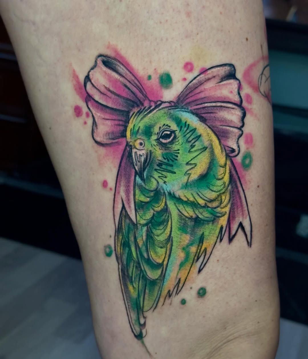 Vibrant watercolor parrot with oversized pink bow