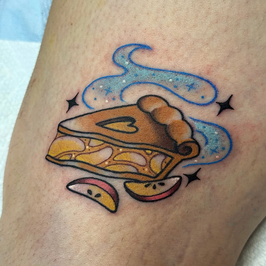 Playful apple-pie slice with bold outlines and blue wisps.