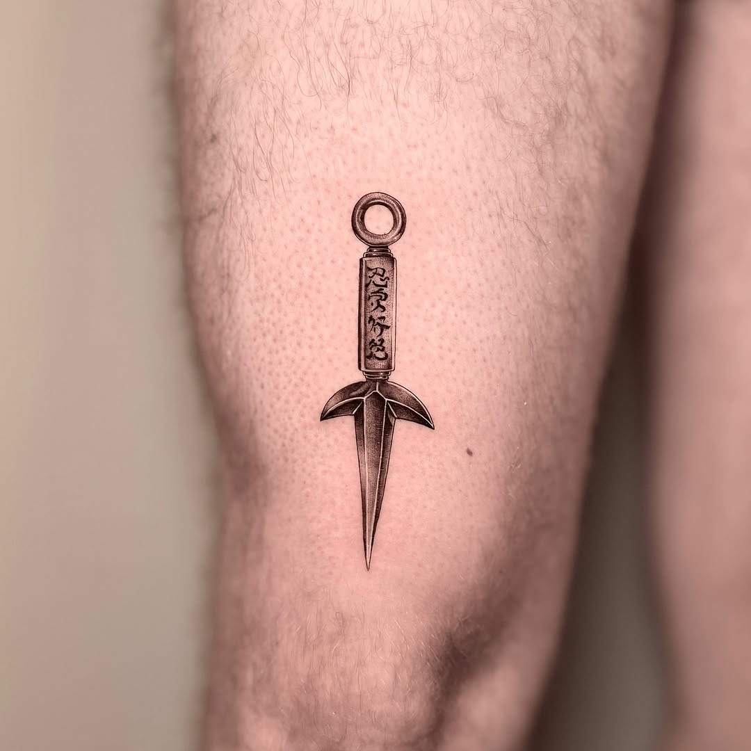 Delicate dagger pendant with ring top and kanji-inscribed grip