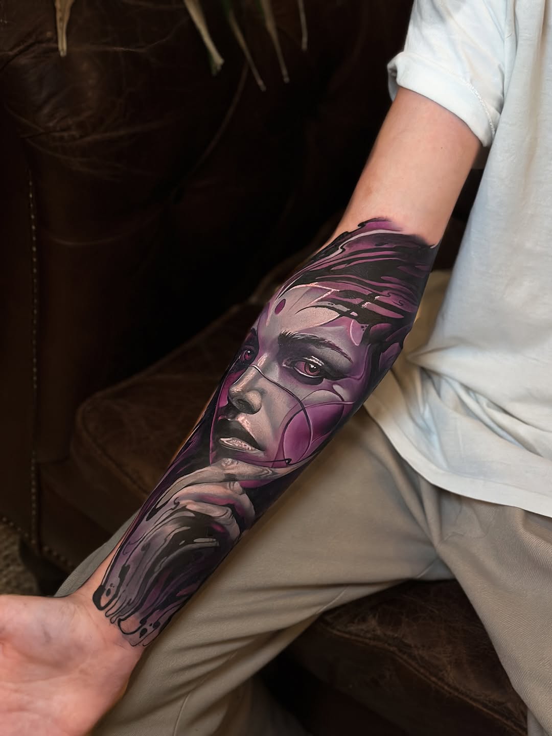 Hyper-detailed violet-toned portrait with abstract swirls