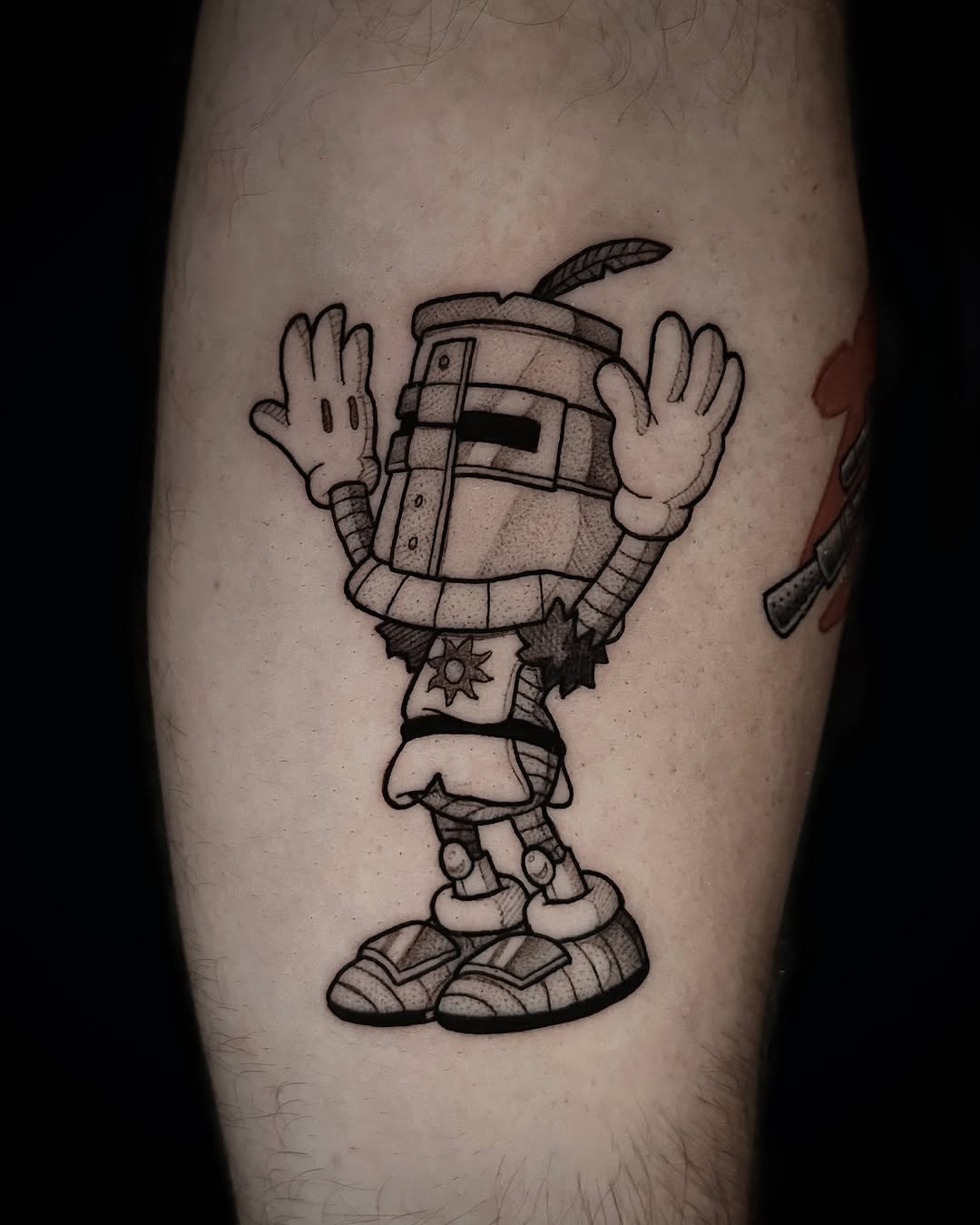 Rubberhose-style Solaire of Astora cartoon tattoo