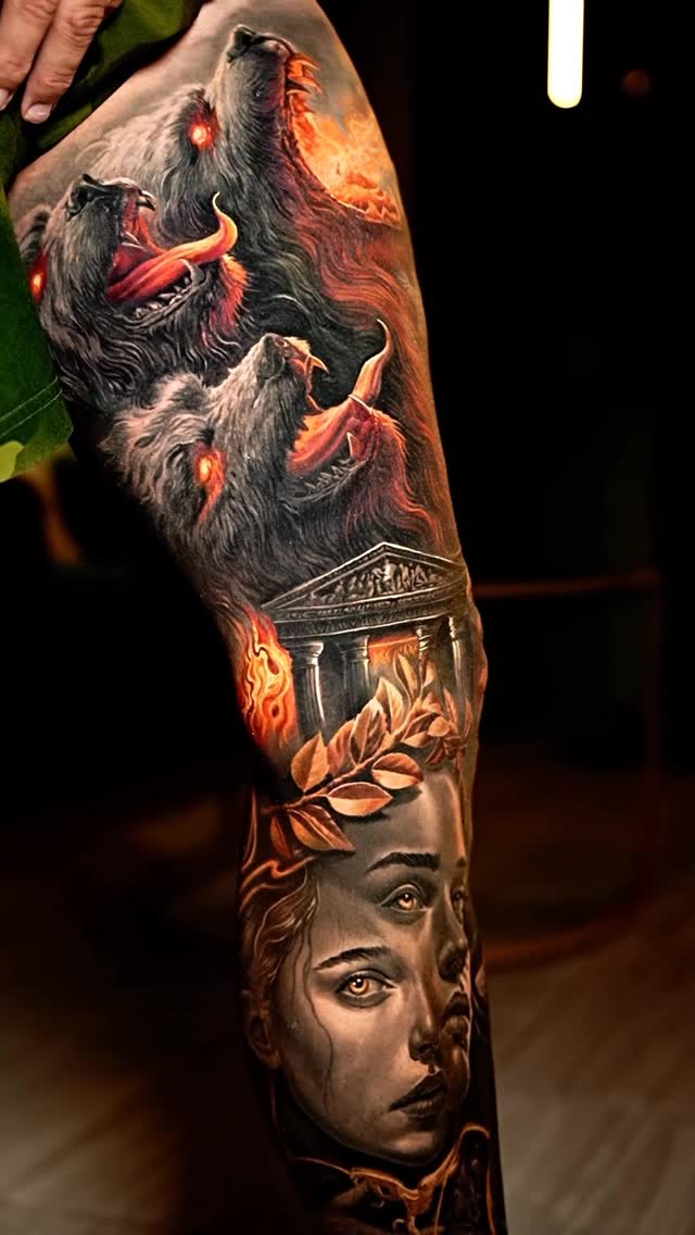 Dramatic grayscale female figure with fiery Cerberus and temple ruin.