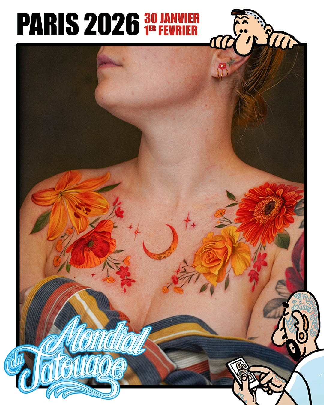 Vibrant floral chest piece surrounding a delicate crescent moon