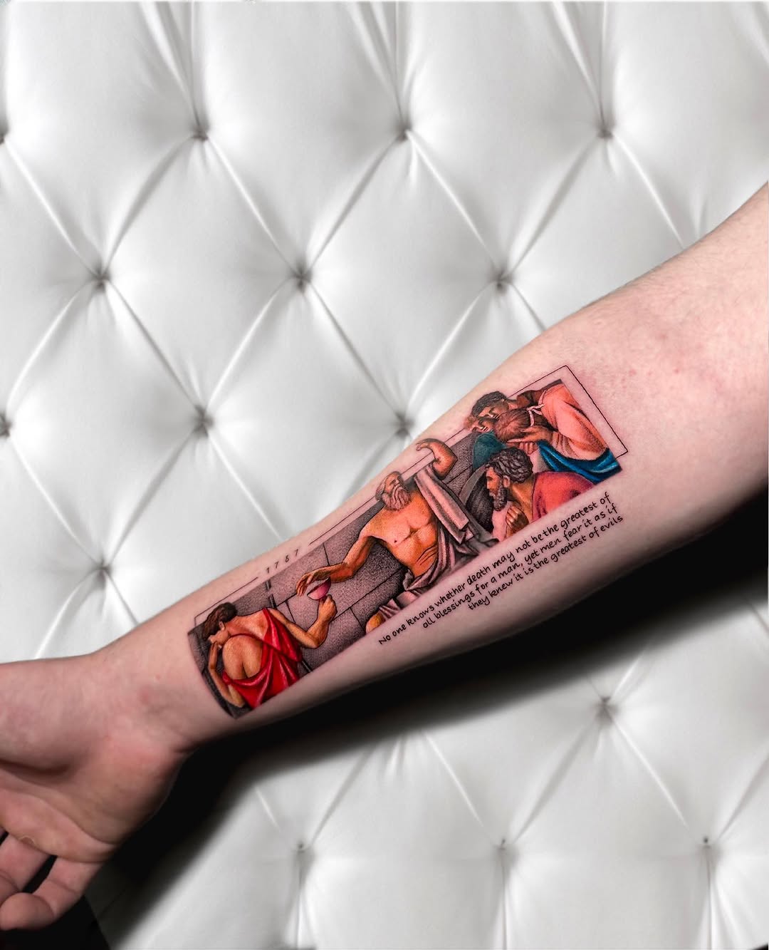 Vivid Renaissance-inspired panel tattoo, sequential figures with text