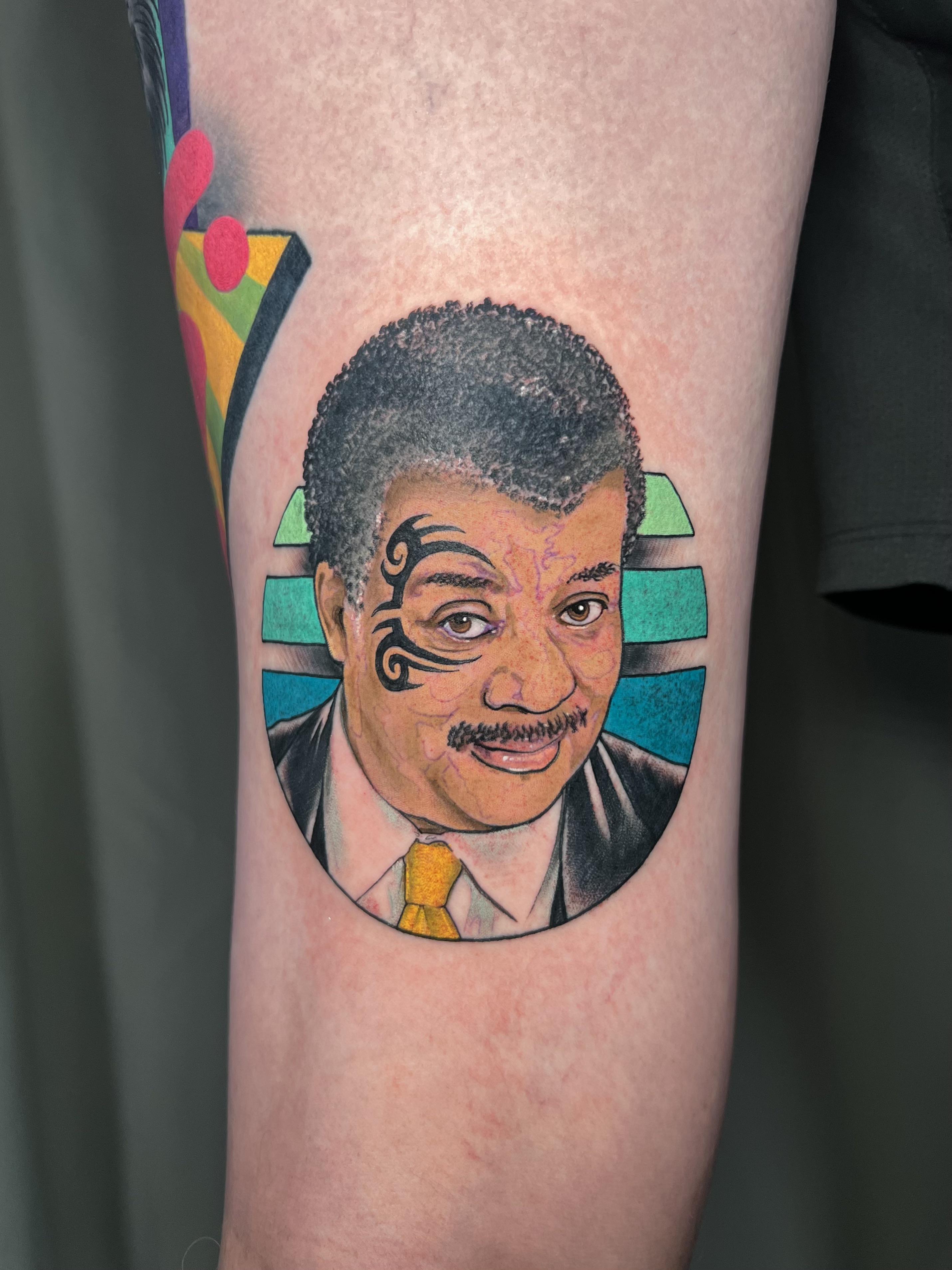 Vibrant illustrative portrait with bold lines and geometric backdrop