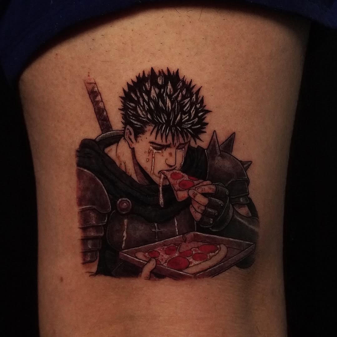 Dark Berserk Guts armor portrait savoring pepperoni pizza