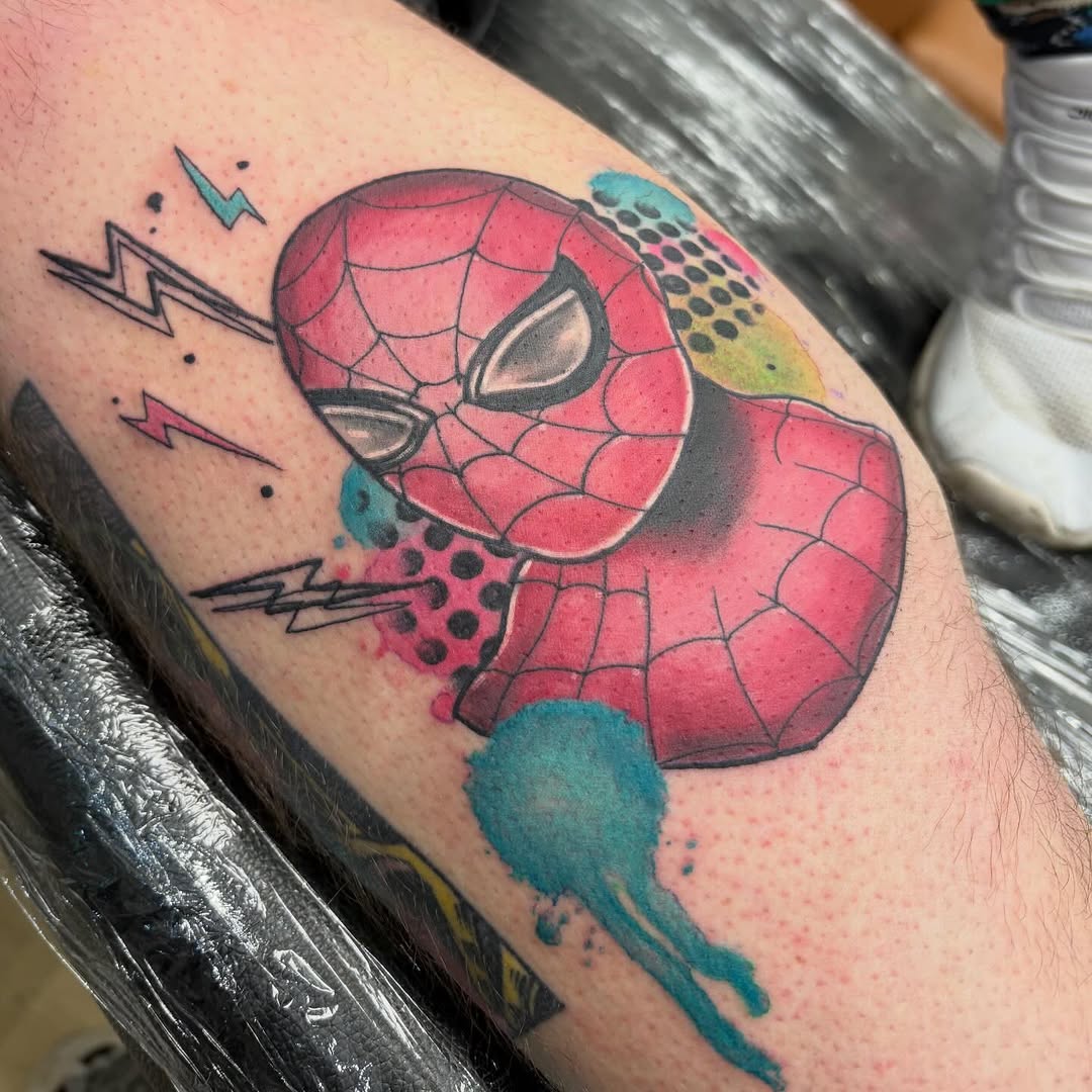 Vibrant Spider-Man head with bold linework and watercolor splashes