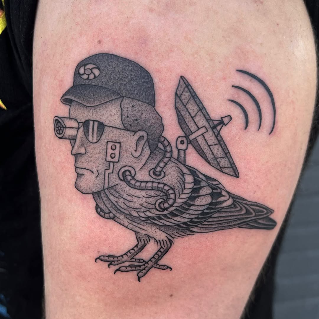 Blackwork bird with retro-tech satellite dish; bold linework