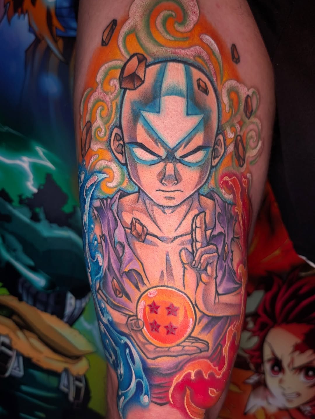 Vibrant Avatar-inspired Aang portrait with elemental auras