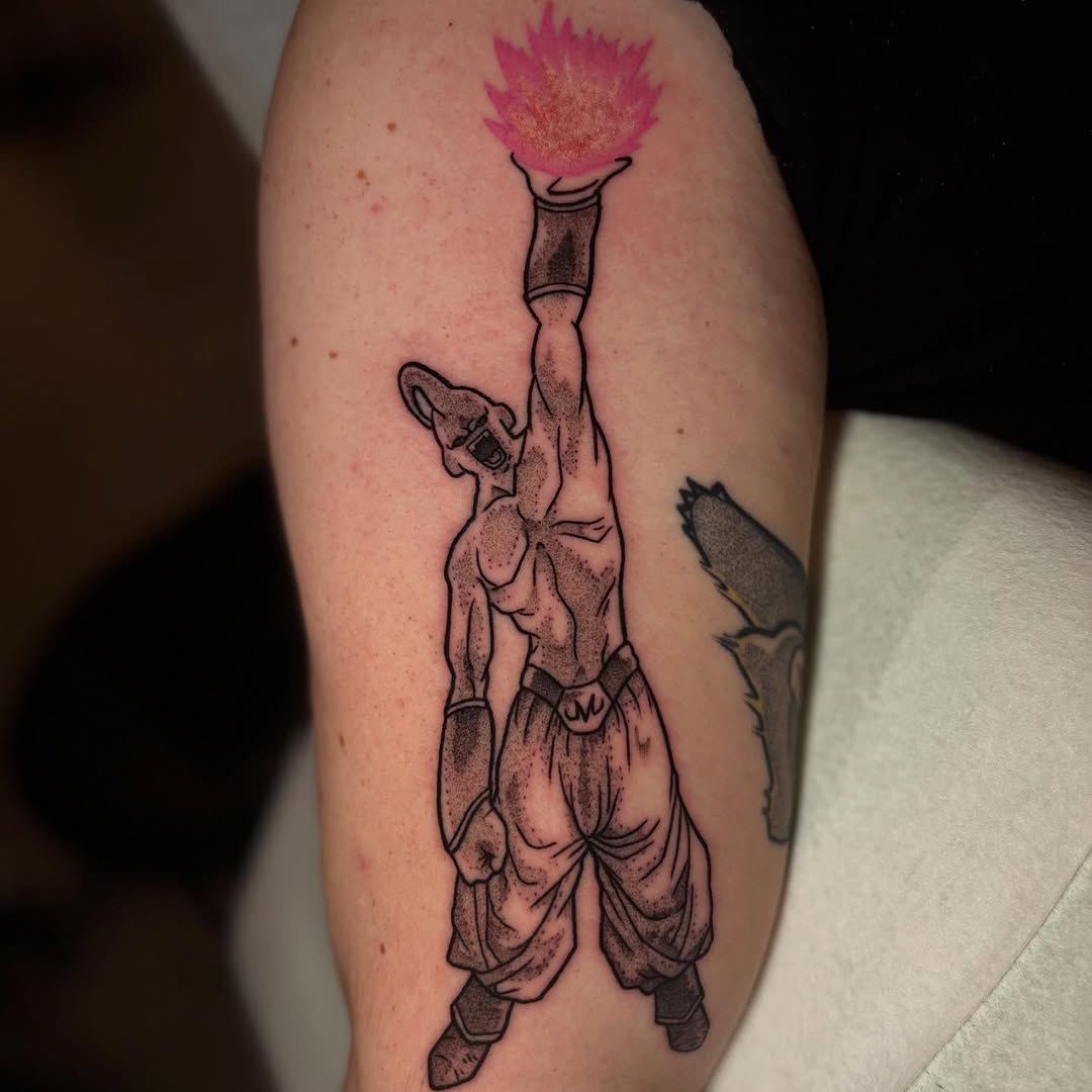 Bulky heroic figure raises torch with pink flame