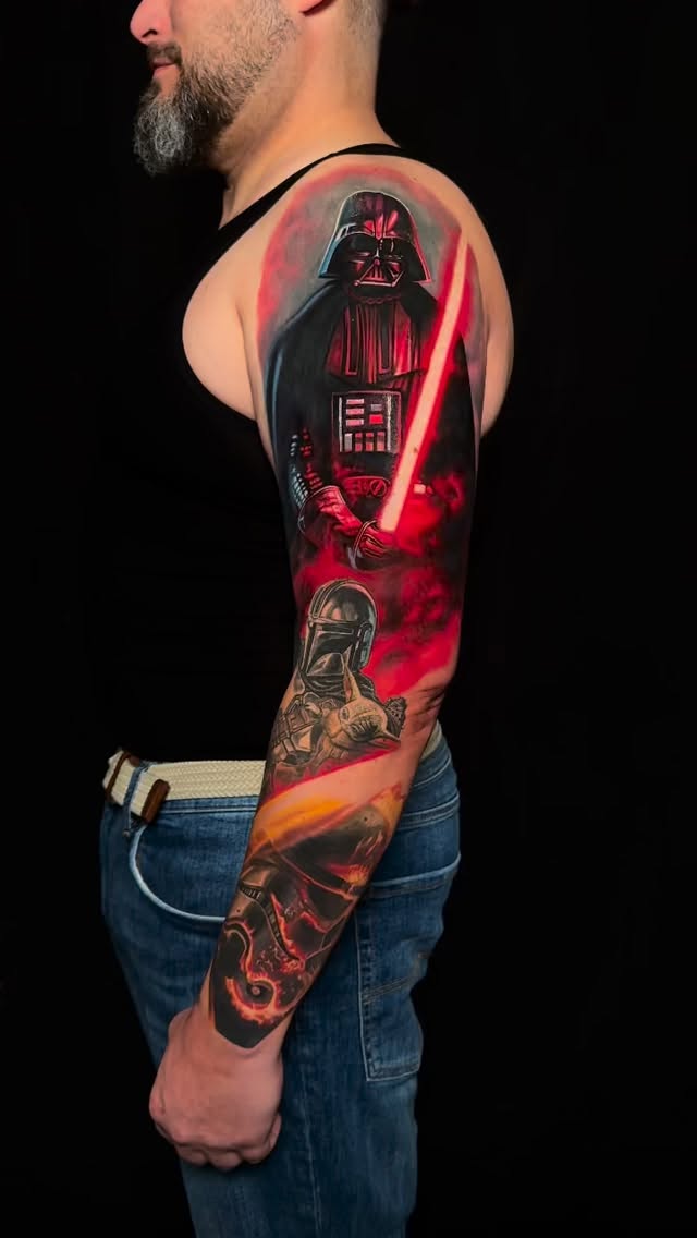 Dramatic Darth Vader full-sleeve with glowing red lightsaber