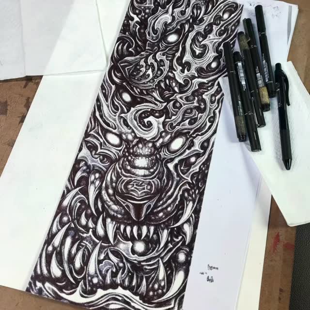 Intense blackwork tiger-demon with swirling, spiked details