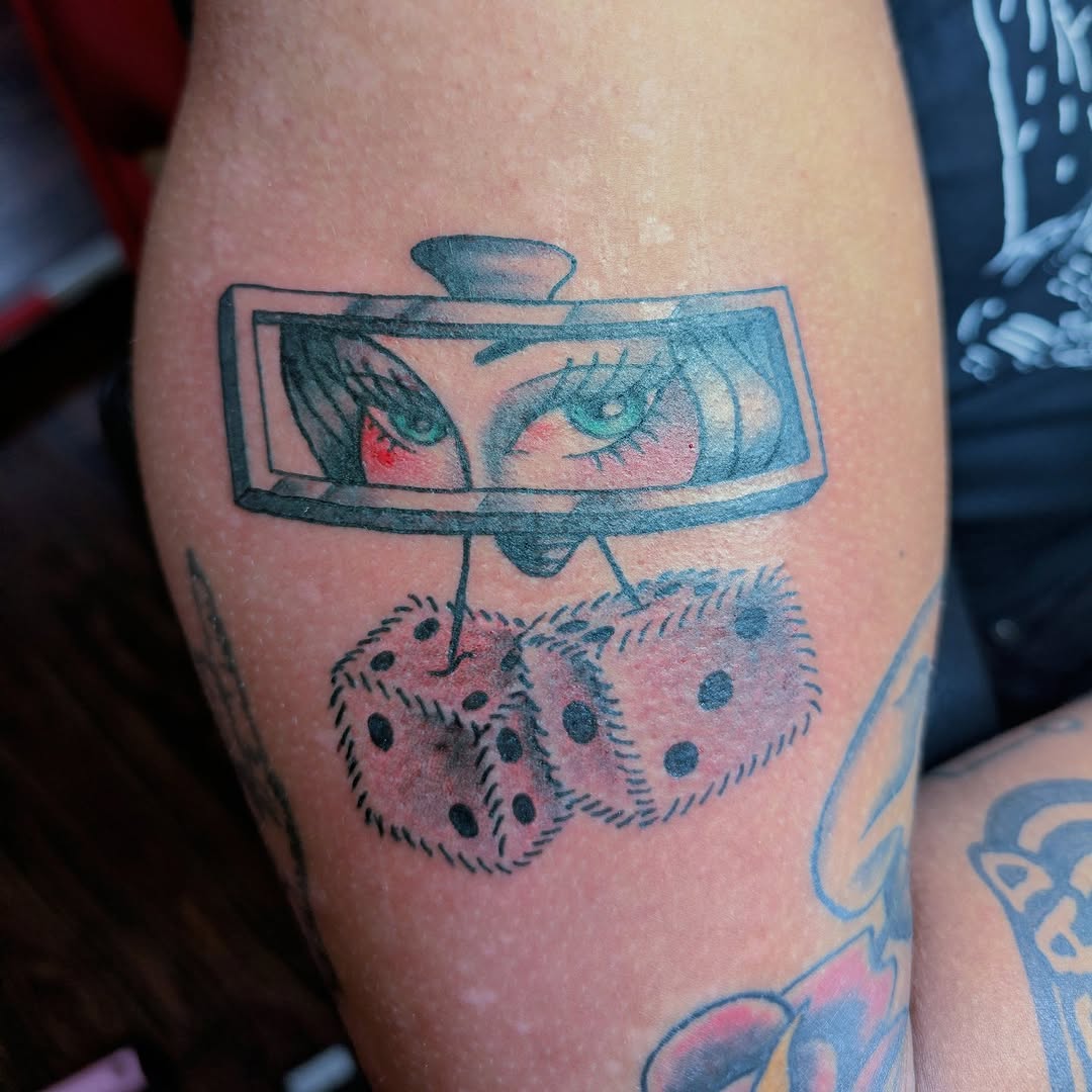 Playful dice design with bold outlines and framed eyes.