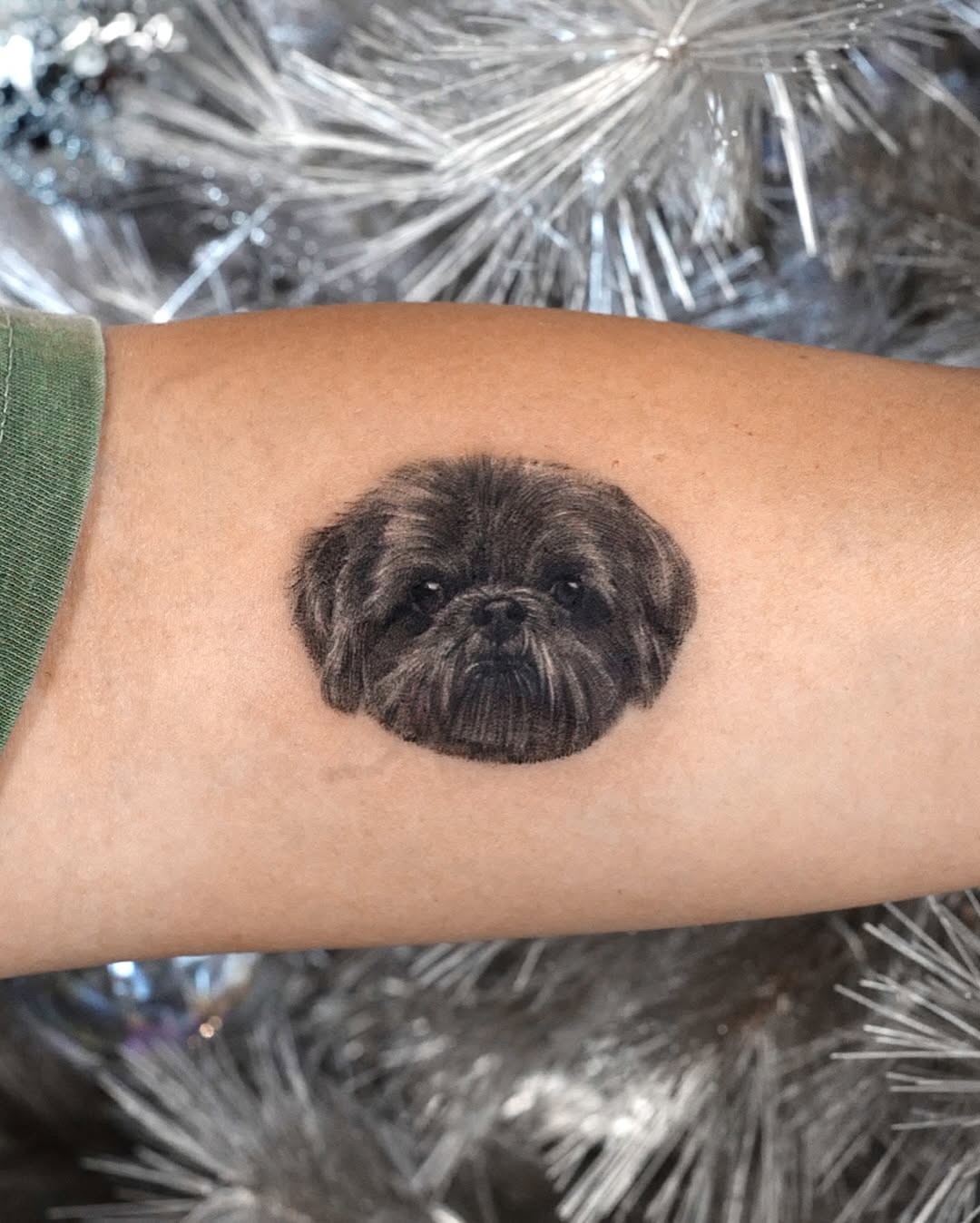 Micro-realistic Shih Tzu portrait in black-gray shading