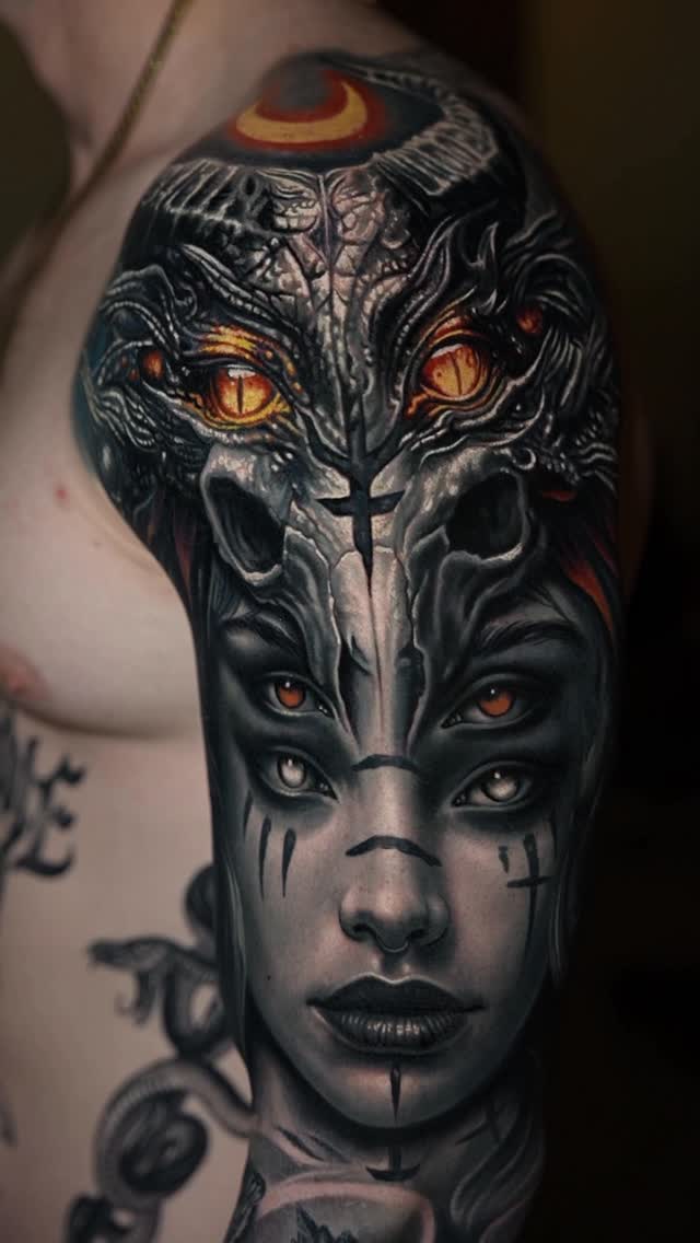 Hyper-detailed grayscale portrait with celestial crown and orange eyes