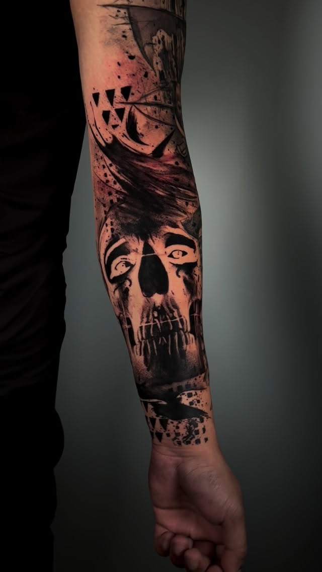 Bold blackwork skull with explosive negative space shading