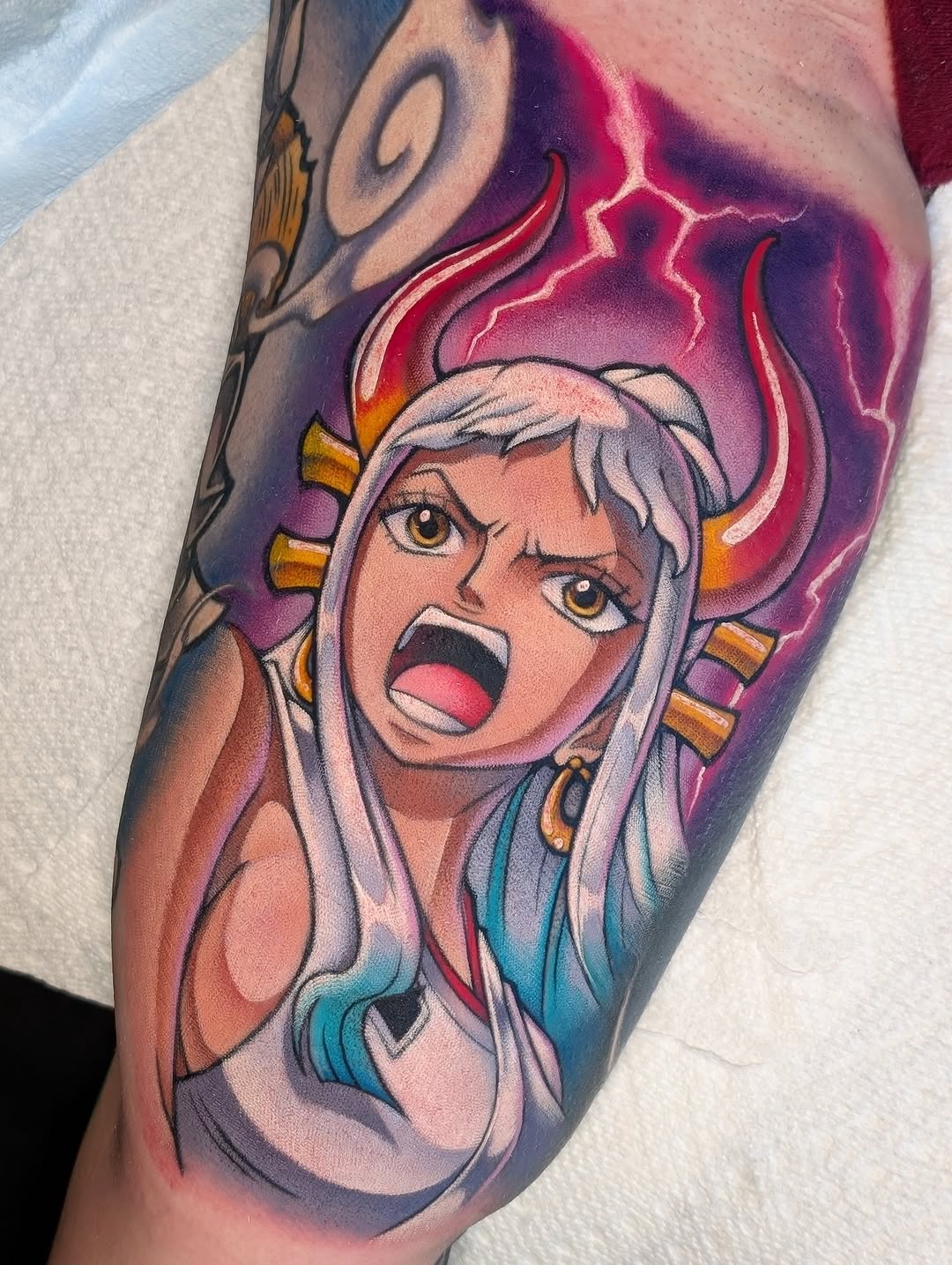 Vibrant anime-style character portrait with fiery horns