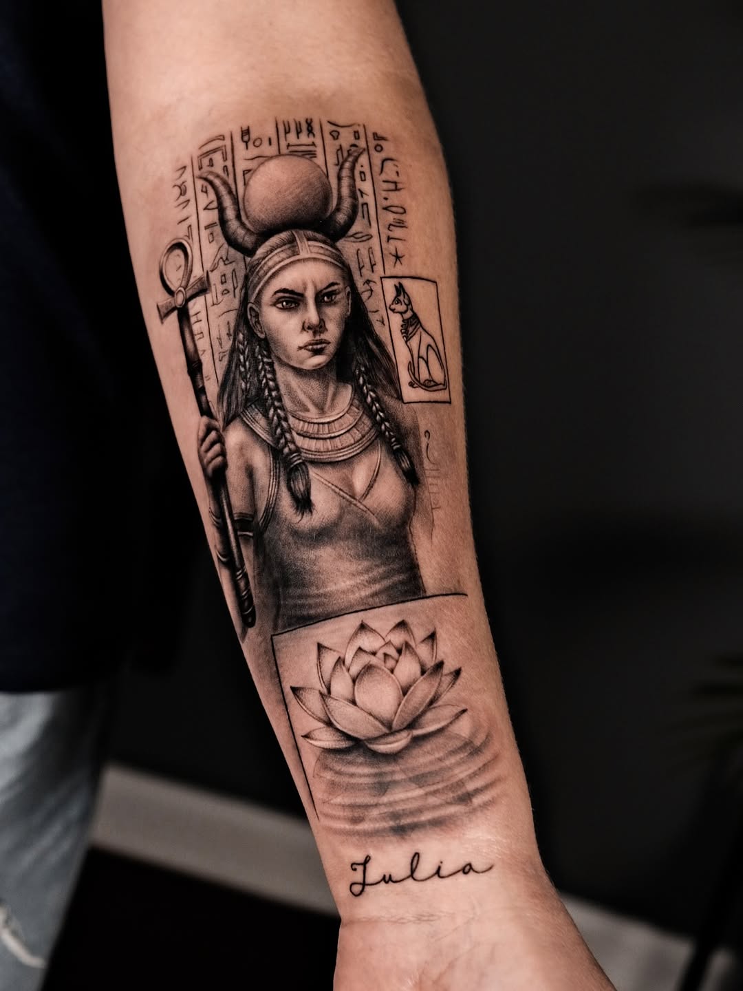 Hathor-inspired Egyptian goddess with bold linework, shading, and lotus