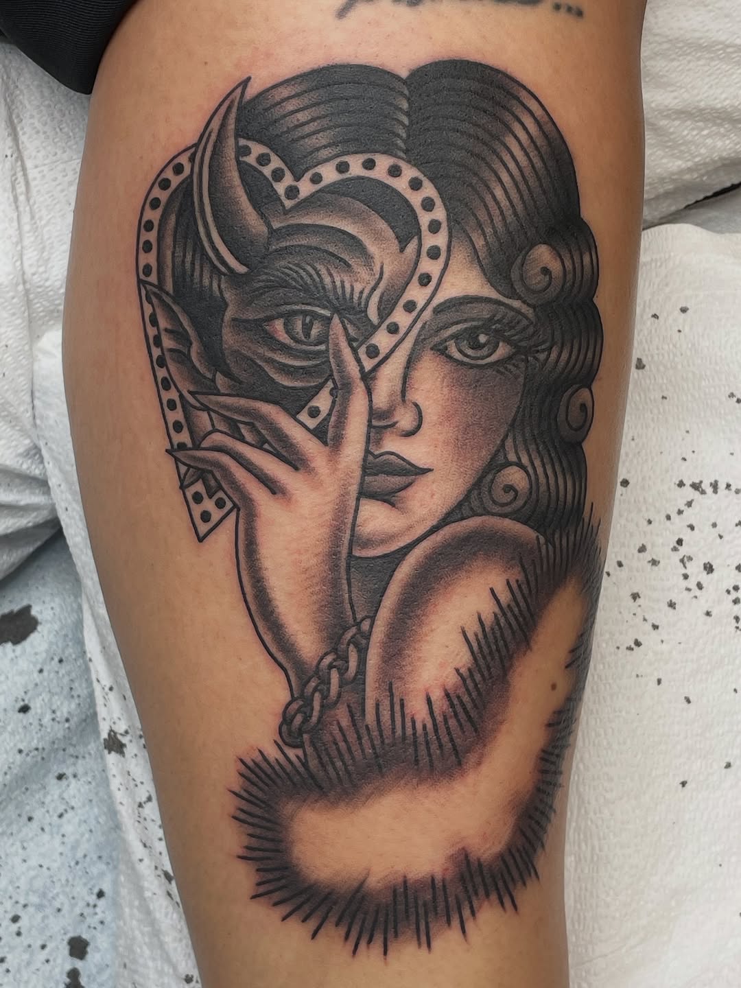 Elegantly masked woman in bold blackwork linework