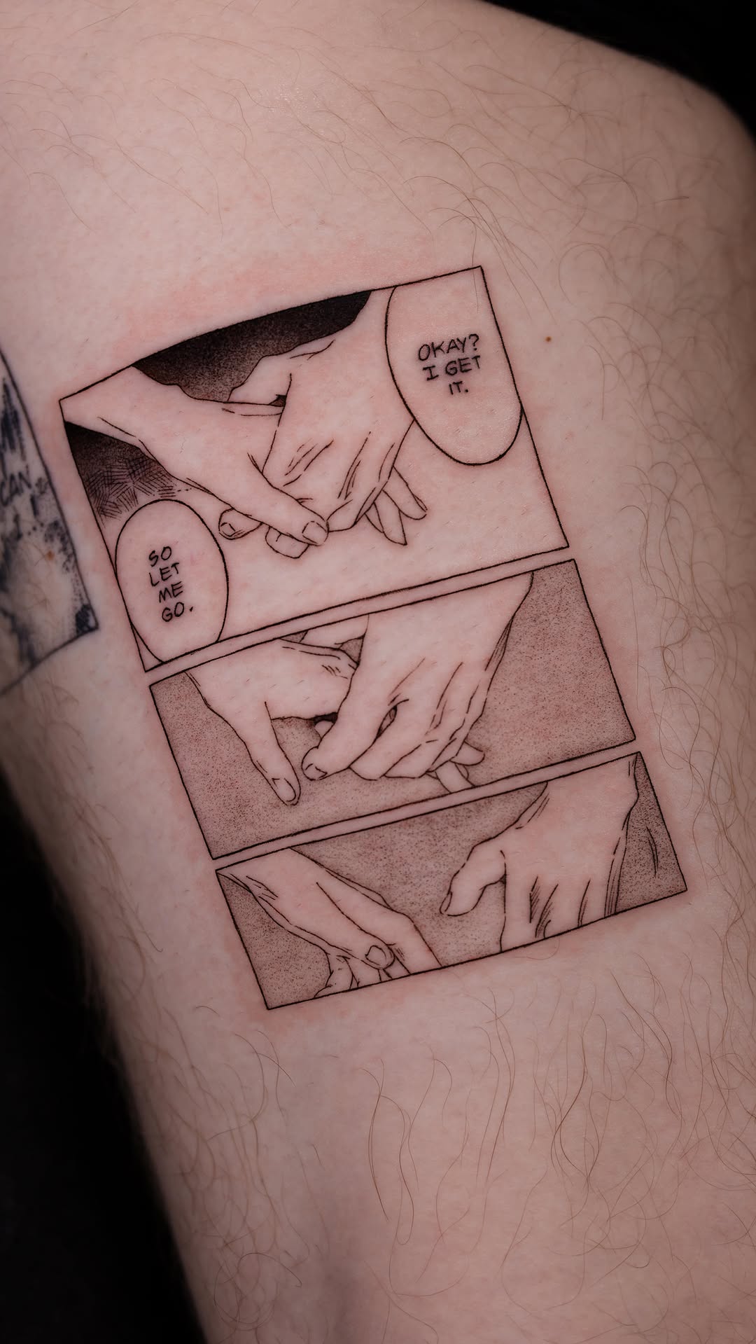 Manga-panel linework tattoo of clasped hands, monochrome
