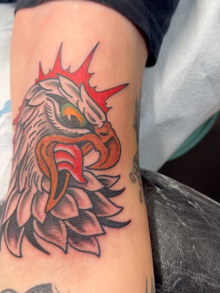 Bold neo-traditional eagle head with vibrant color blocking.