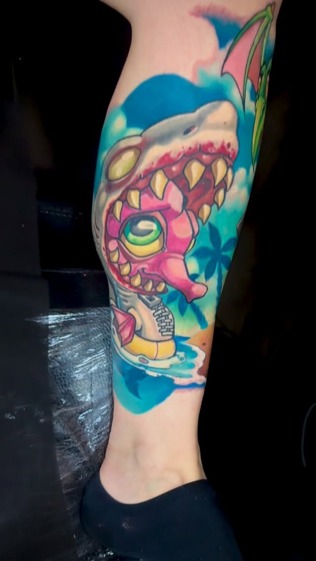 Neon New-School dragon creature with bold teeth, tropical background