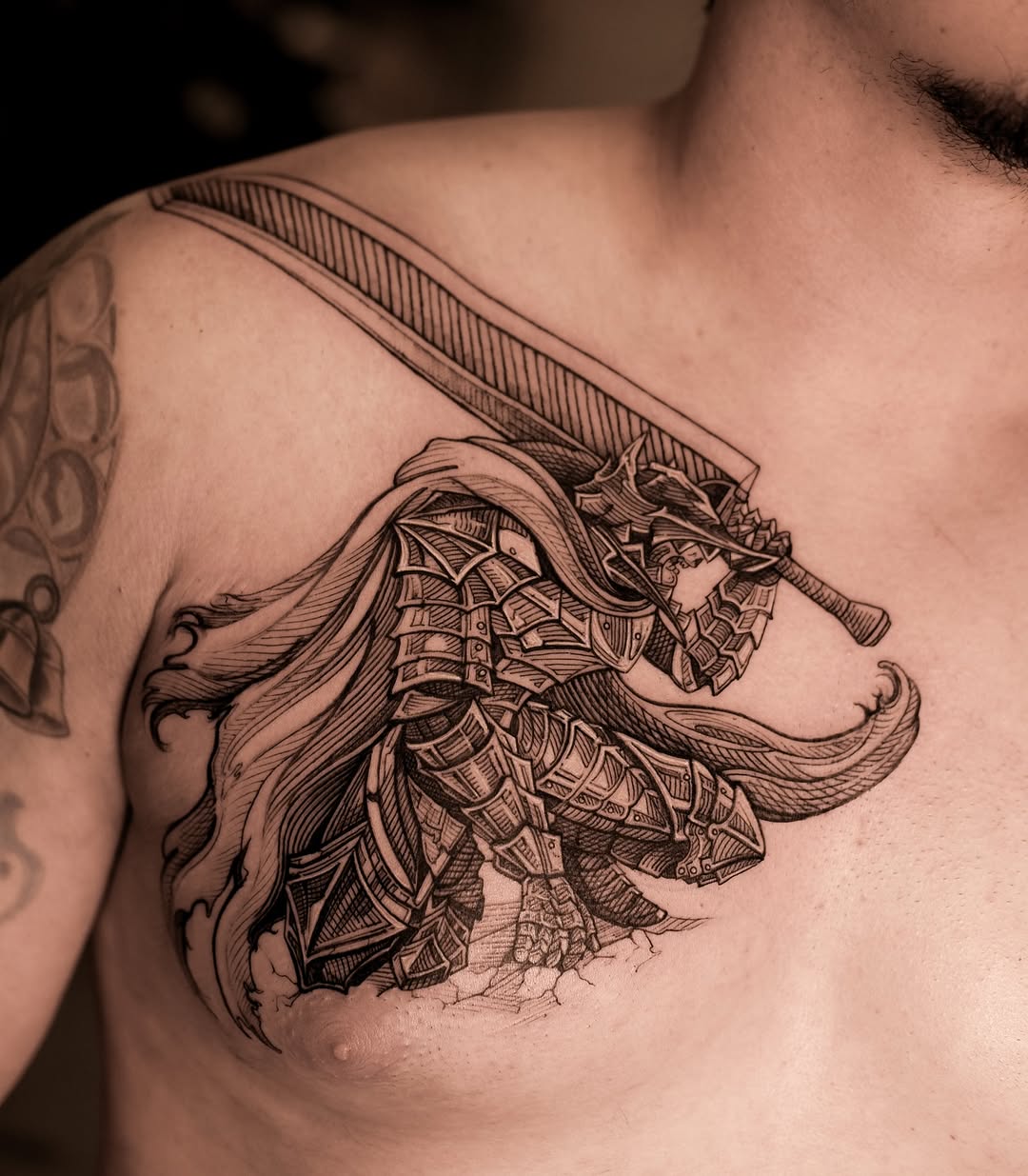 Berserk-inspired armored warrior with flowing hair and oversized sword