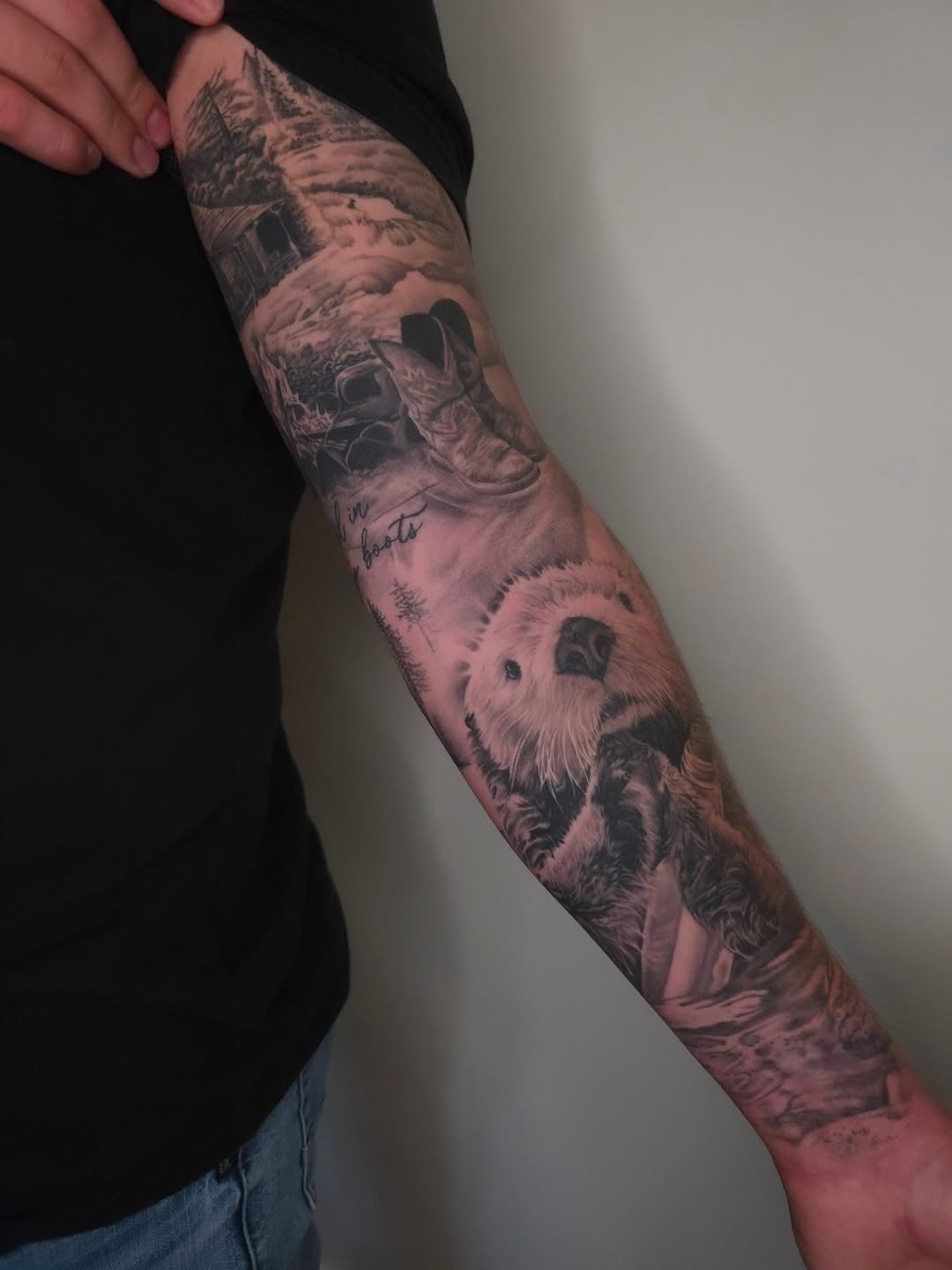 Realistic otter amid pine trees and mountains