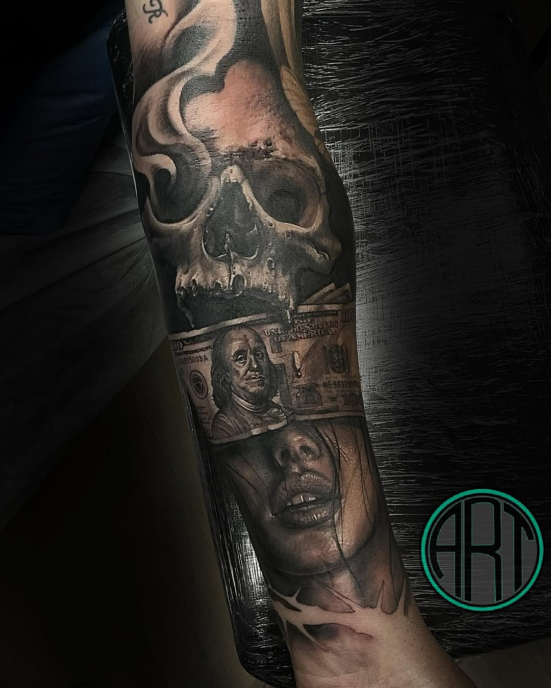 Grim grayscale skull sleeve with dollar-bill band portrait