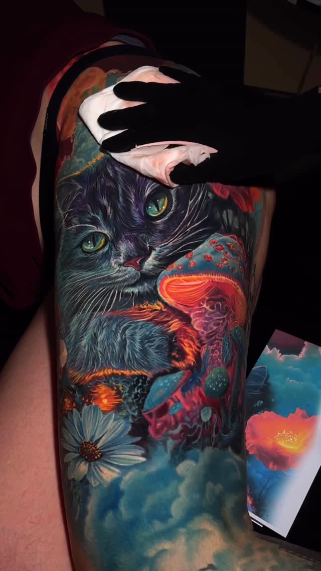 Luminous feline portrait with surreal mushrooms and florals