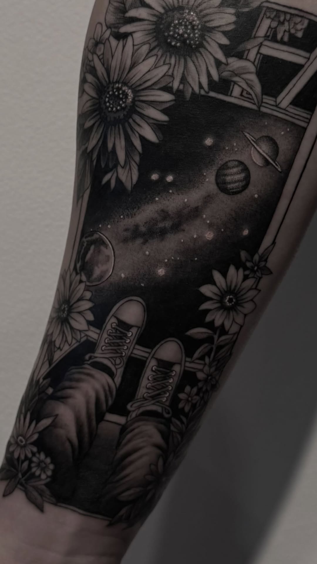 Dreamy blackwork cosmos entwined with sunflowers