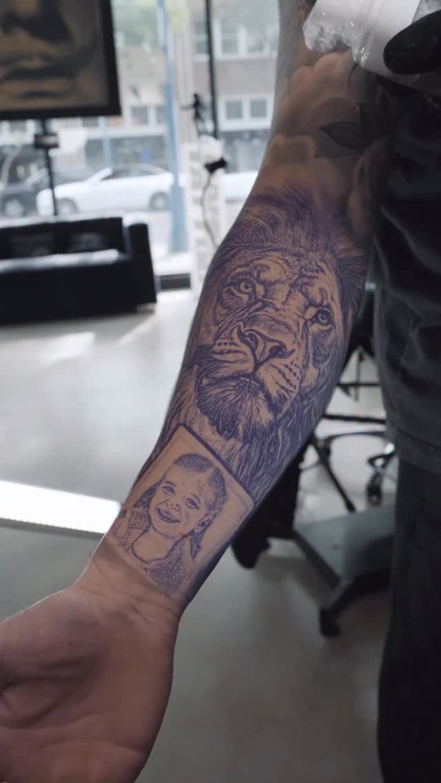Realistic lion and portrait tattoo