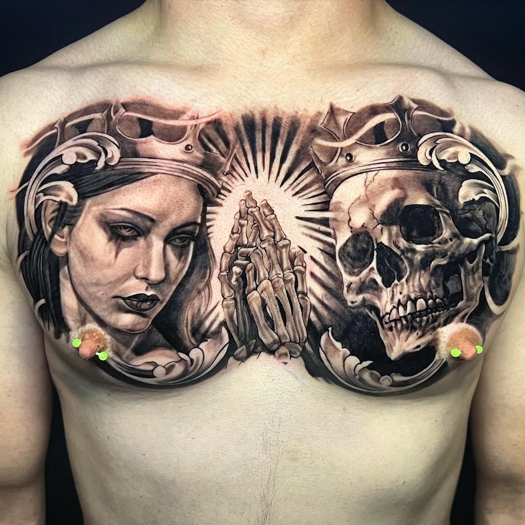Dramatic grayscale chest piece: skull, crowned woman, praying hands