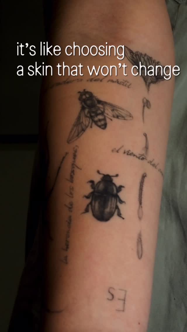 Delicate black-line insect study along forearm