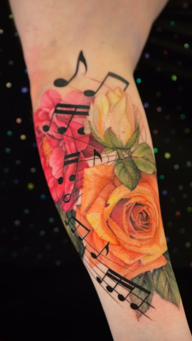 Vibrant rose bouquet intertwined with bold musical notes