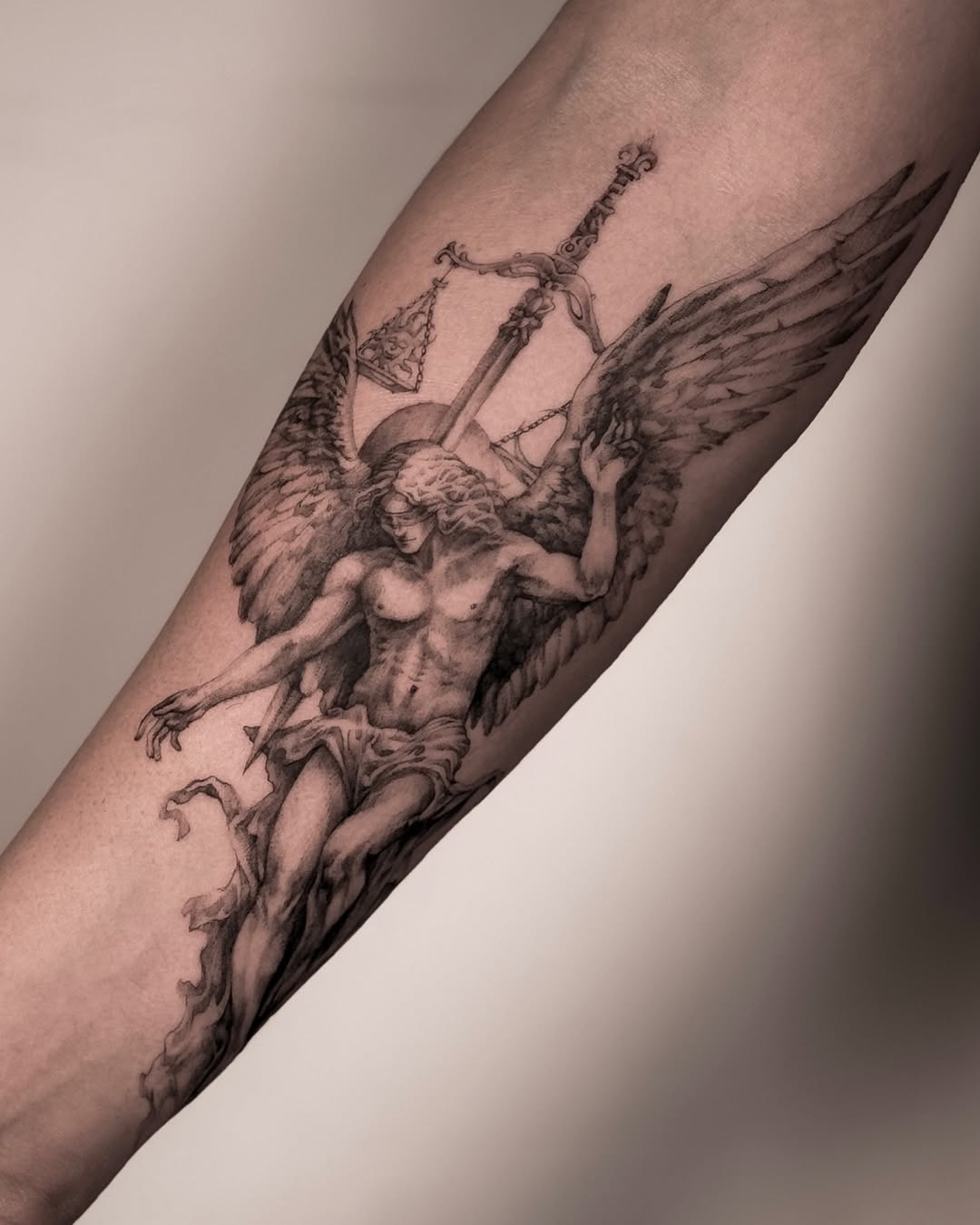 Dramatic black-and-gray angel with wings and sword.