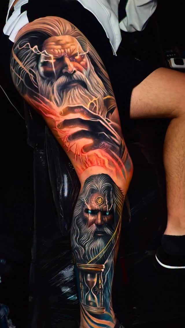 Chronos-inspired old man portrait with hourglass and lightning