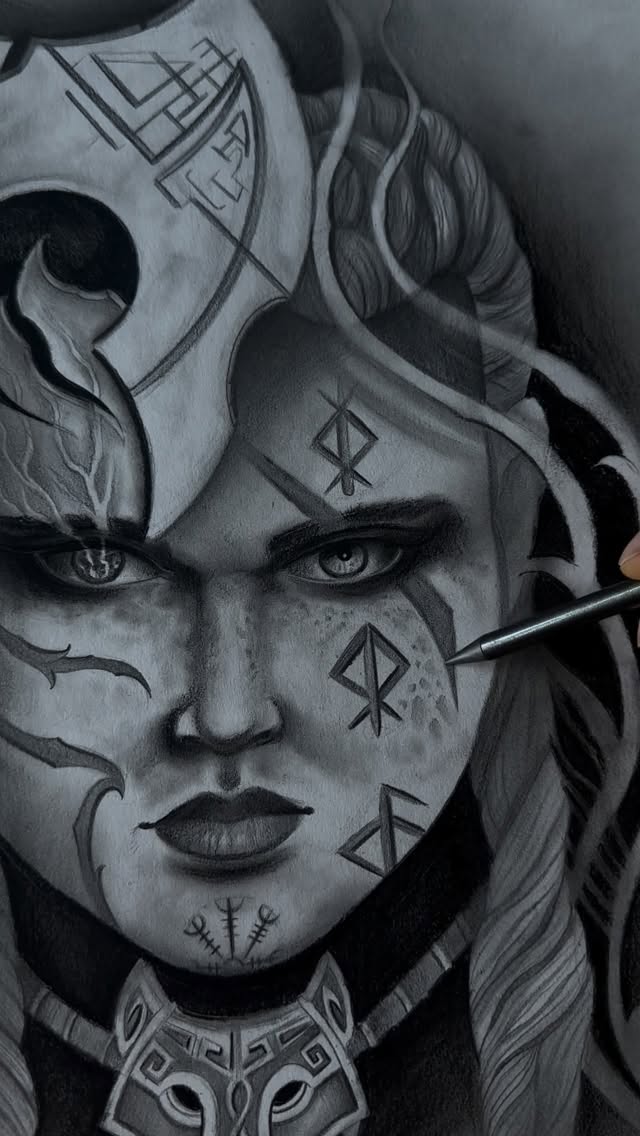 Monochrome female Viking warrior portrait with expressive runes.