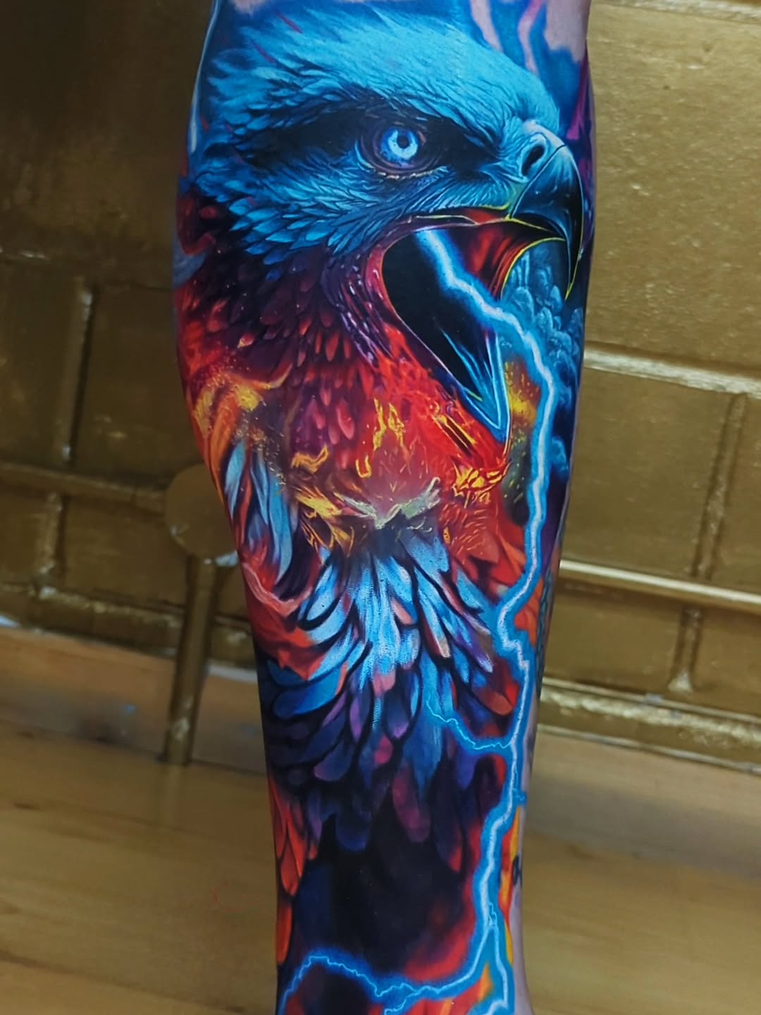 Vibrant neon eagle portrait with electric blue plumage