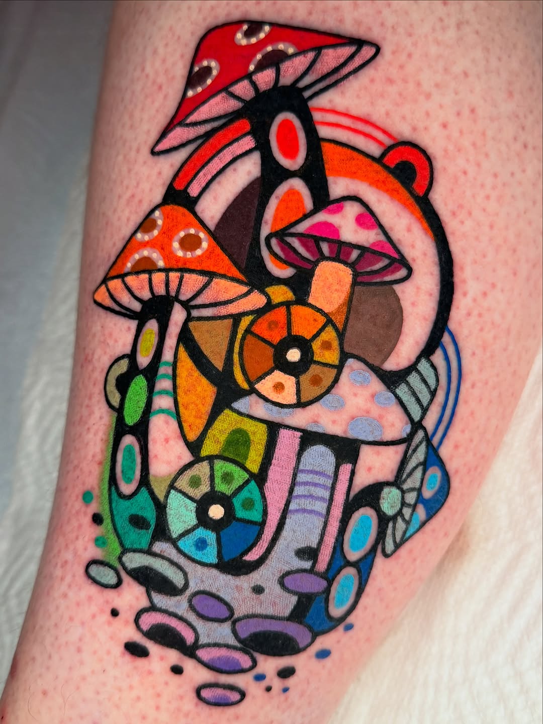 Bold geometric mushroom collage in vivid neon colors