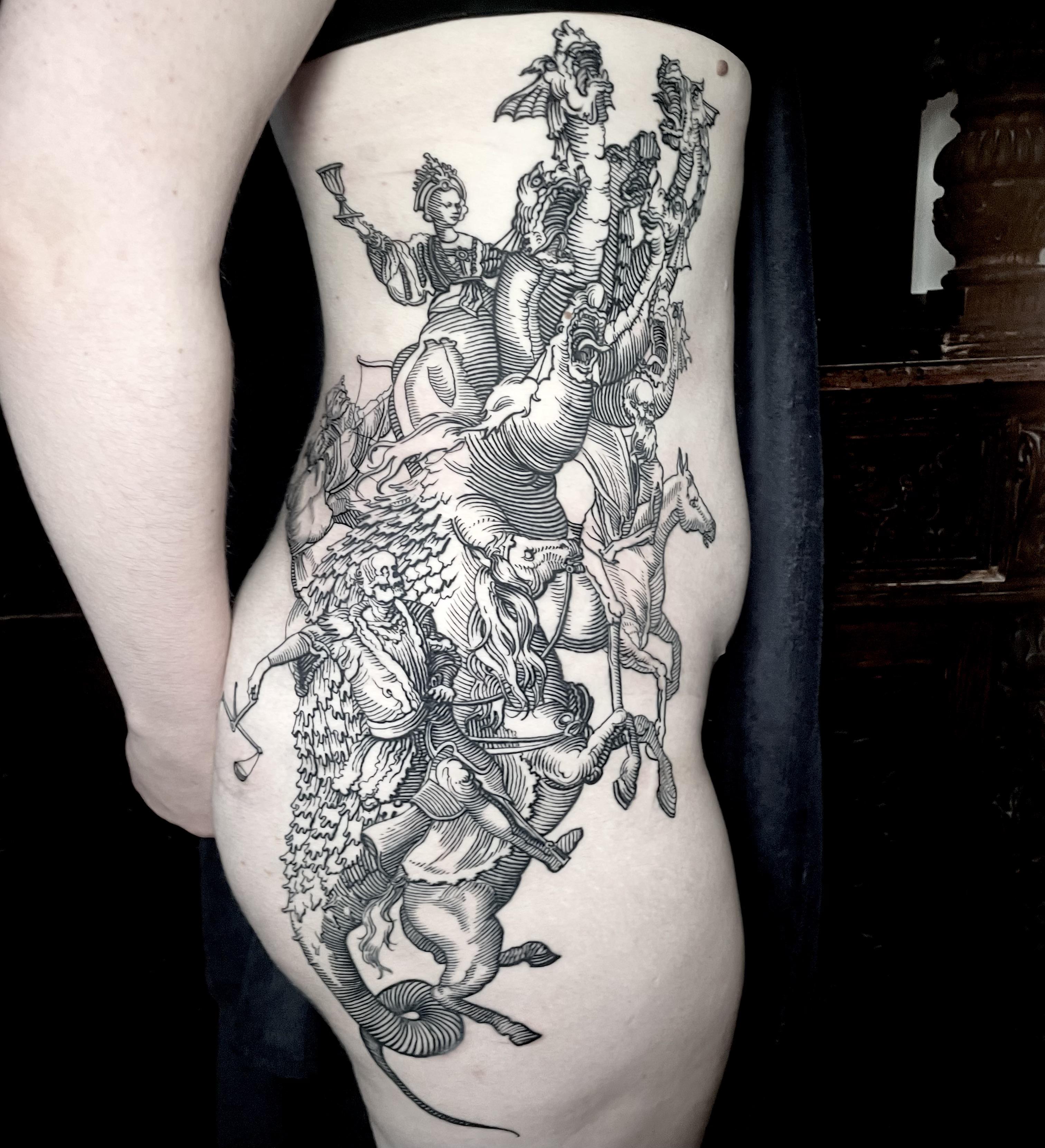 Intricate black-line mythic scene along side torso.