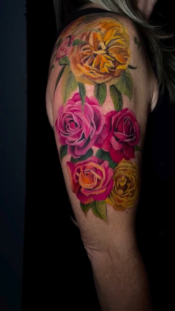 Vibrant floral sleeve segment featuring pink and yellow roses