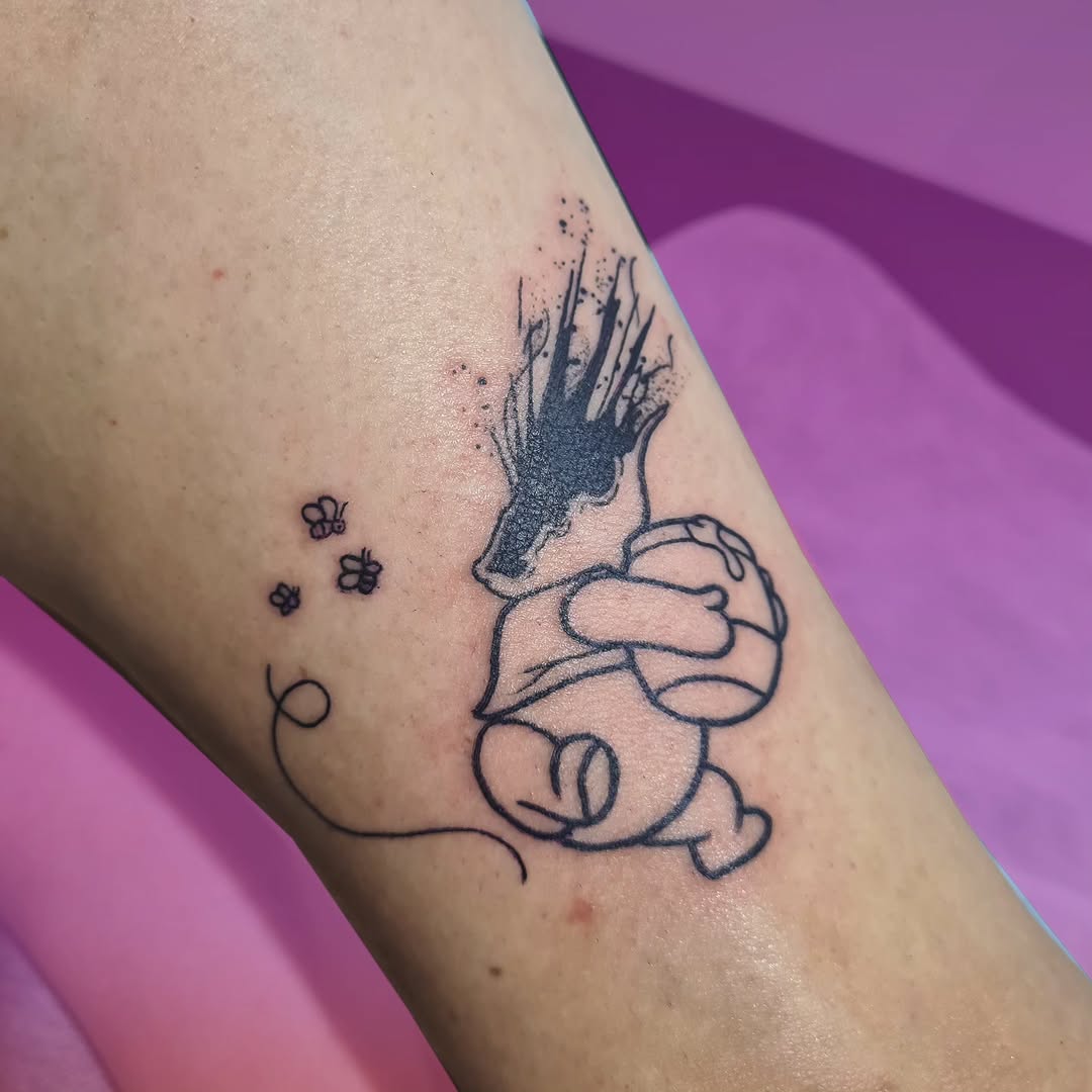 Minimalist Winnie-the-Pooh line-drawing with buzzing bees